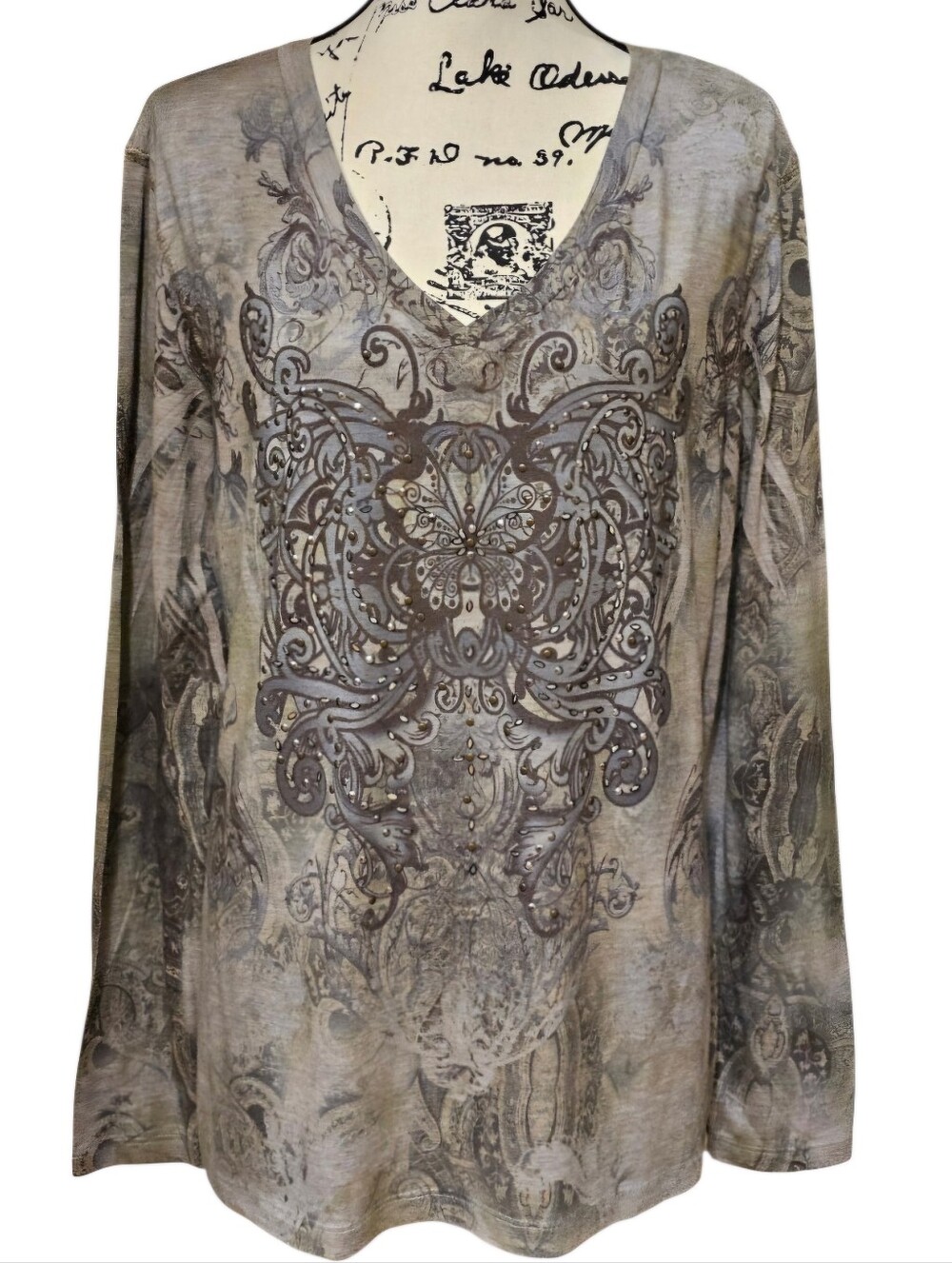 Greensource Embellished V-Neck Long Sleeve Top - Taupe Gray